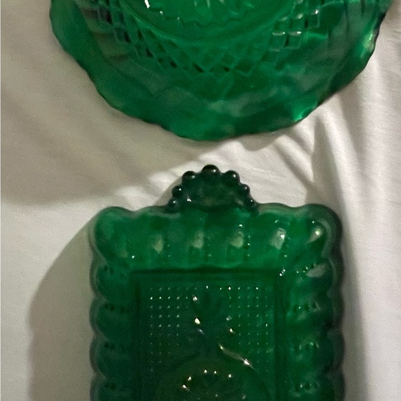 Anchor Hocking Emerald Green Glass Diamond Ruffle Candy Dish Bowl & Vanity tray - Picture 4 of 9